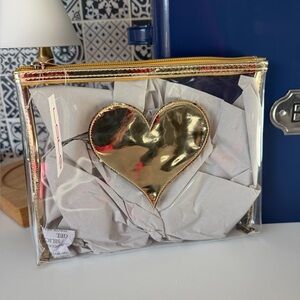 Lolo Of Watch Hill Clear with Gold Heart Zippered Pouch Makeup Bag NWT!